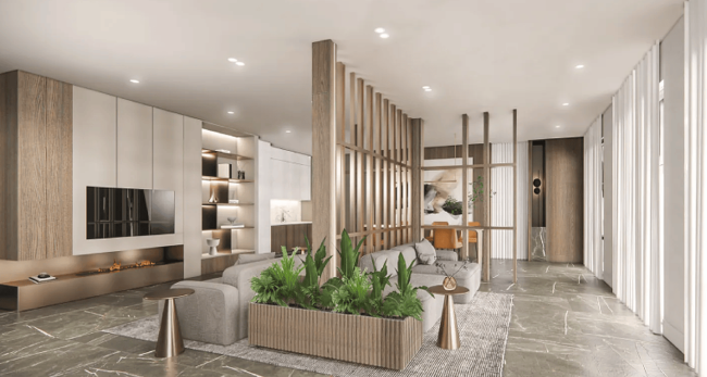 A rendering of the lobby at 375 Dean Street.